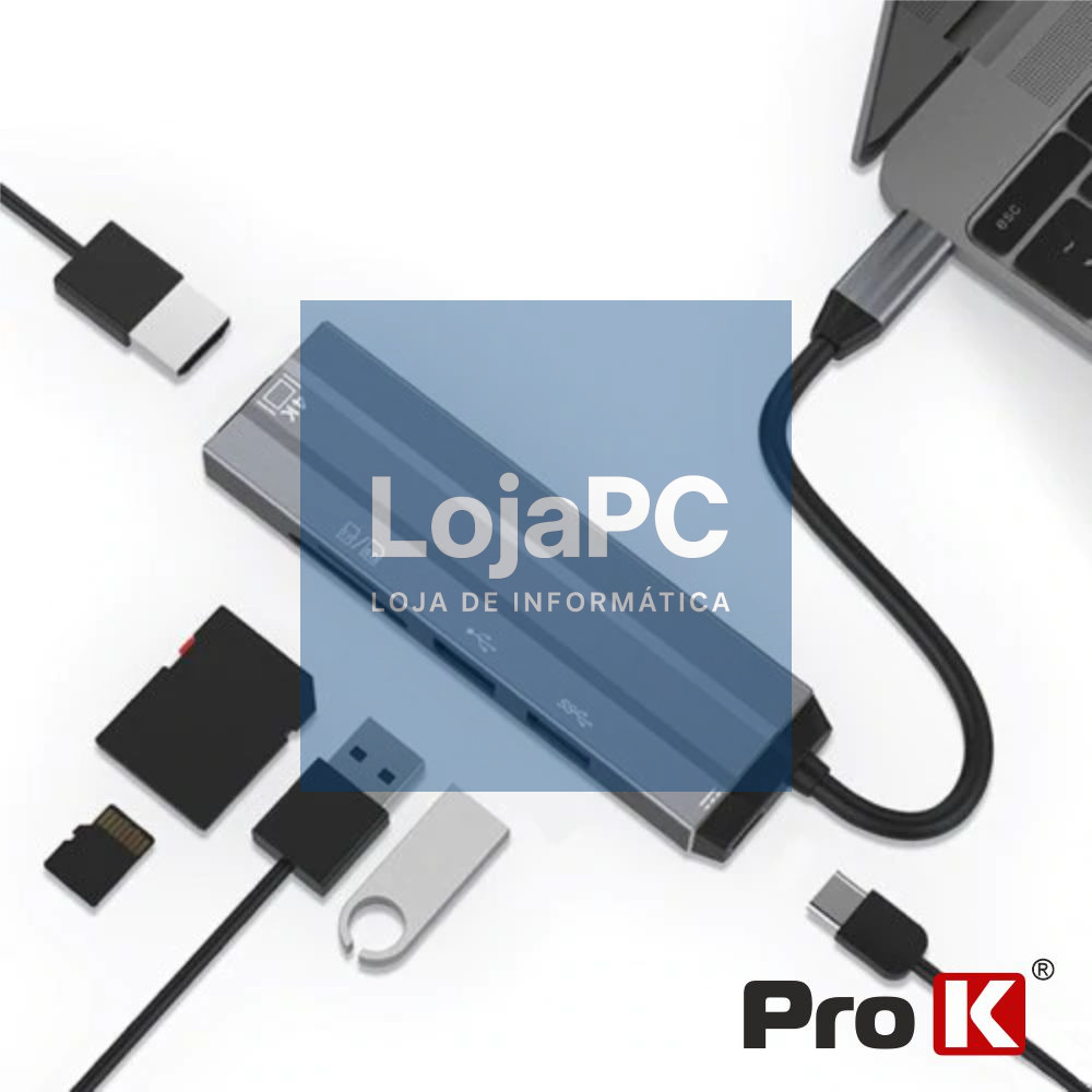 Hub USB-C P/ USB-C / 2xUSB / HDMI / Cartões SD PROK