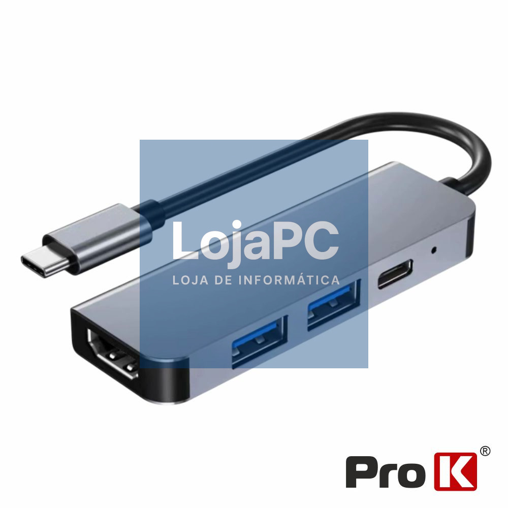 Hub USB-C 4 em 1 P/ HDMI/USB 2.0/USB 3.0/USB-C PD PROK