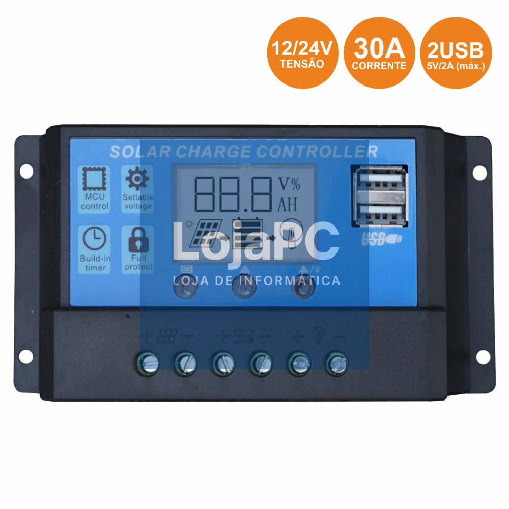 REGULADOR PAINEL FOTOVOLTÁICO 30A 12/24VDC 2X USB