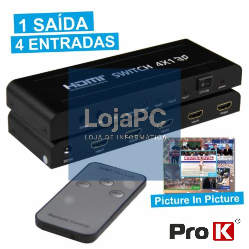 DISTRIBUIDOR COMUTADOR HDMI 4 ENTRADAS 1 SAÍDA PIP PROK