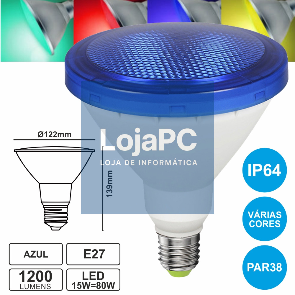 LÂMPADA E27 15W=80W 230V LED PAR38 AZUL IP64 1200LM