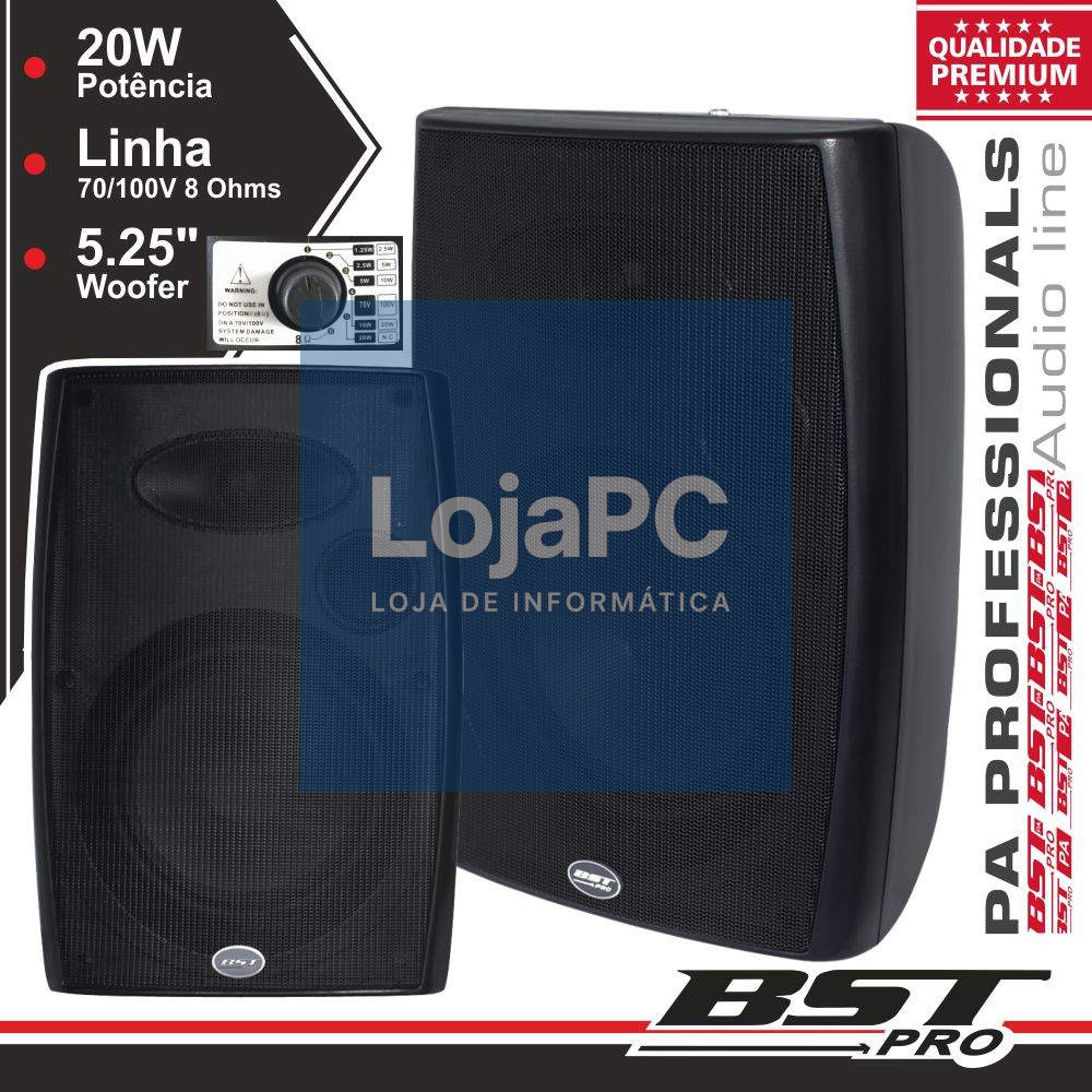 CONJUNTO 2 COLUNAS 8 OHM 100V 30W 5.25" PRETAS BSTPRO