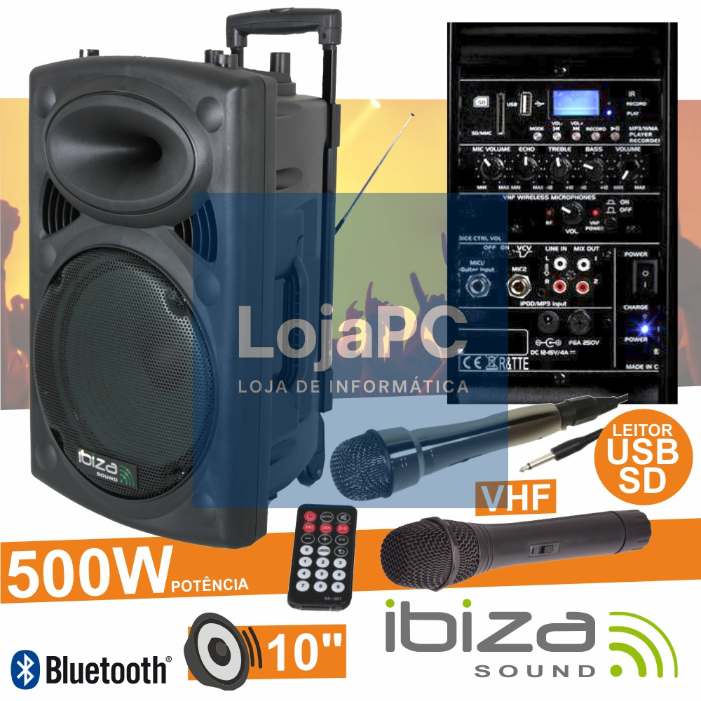 COLUNA AMPLIFICADA 10" 500W USB/BT/SD/BAT VHF PRETA IBIZA