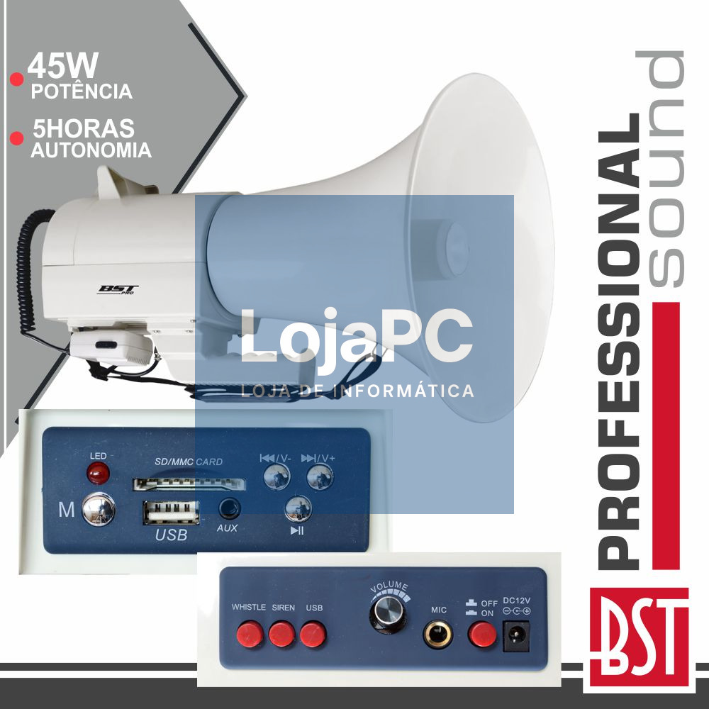 MEGAFONE 45W MIC REMOVÍVEL MP3 12V USB/SD 2 ALERTAS BSTPRO