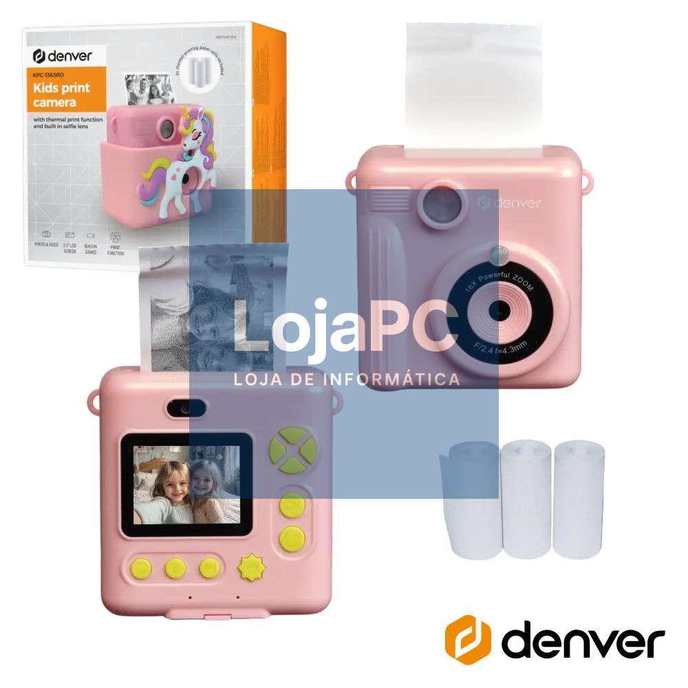 Câmara Digital Rosa P/ Crianças C/ Impressora Unicorn