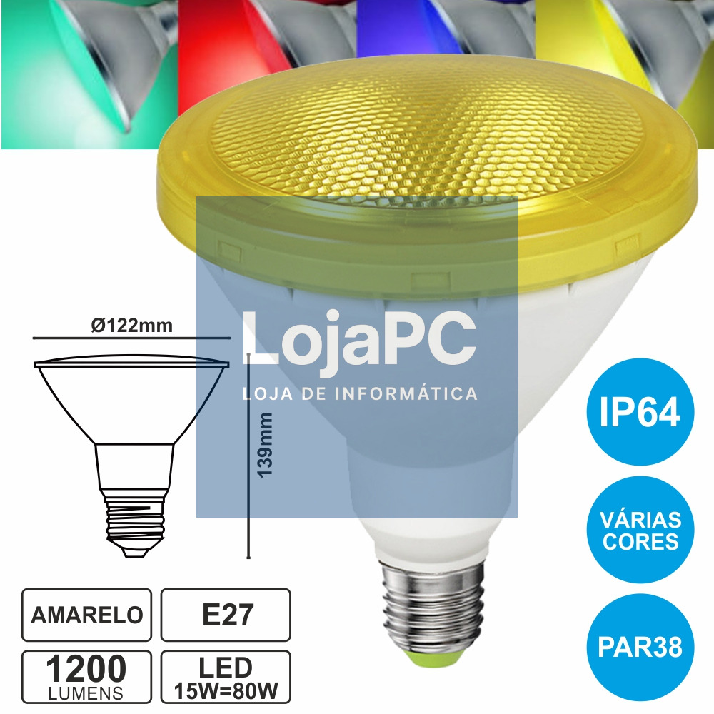 LÂMPADA E27 15W=80W 230V LED PAR38 AMARELA IP64 1200LM