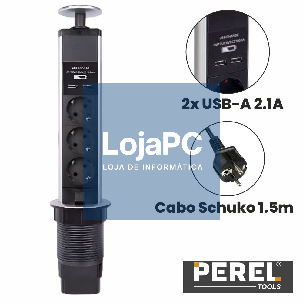 TOMADA ELÉTRICA C/ 3 SAÍDAS E 2 USB 2.1A P/ SECRETÁRIA PEREL