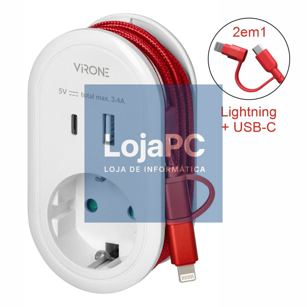 Ficha Elétrica Adaptadora 1x Schuko / USB-A/USB-C VIRONE