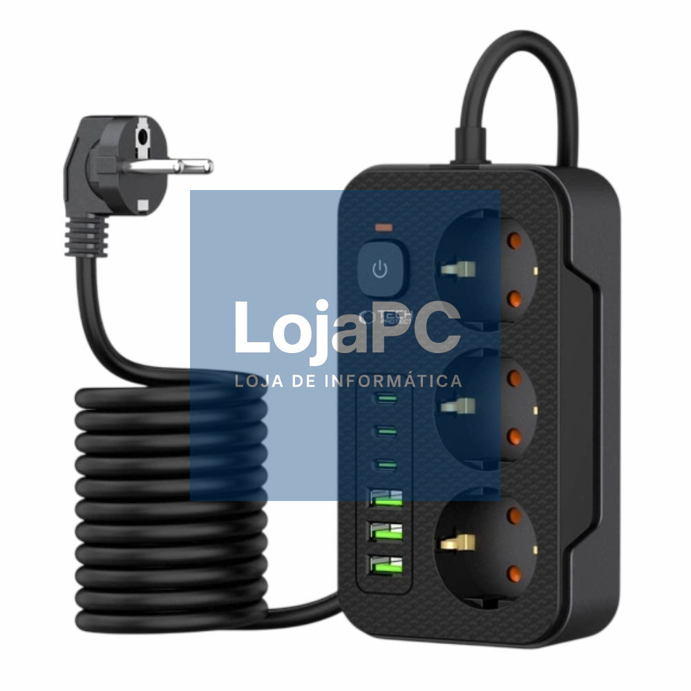 Extensão Elétrica 3x Schuko 3xUSB-A 3xUSB-C C/ Interruptor