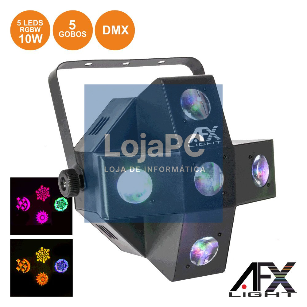 PROJETOR LUZ C/ 5 LEDS 10W RGBW + 5 GOBOS DMX MIC AFXLIGHT