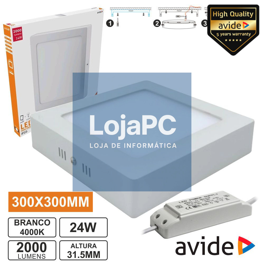 PAINEL LEDS QUADRADO SUPERFÍCIE 24W 300MM 4000K 2000LM AVIDE