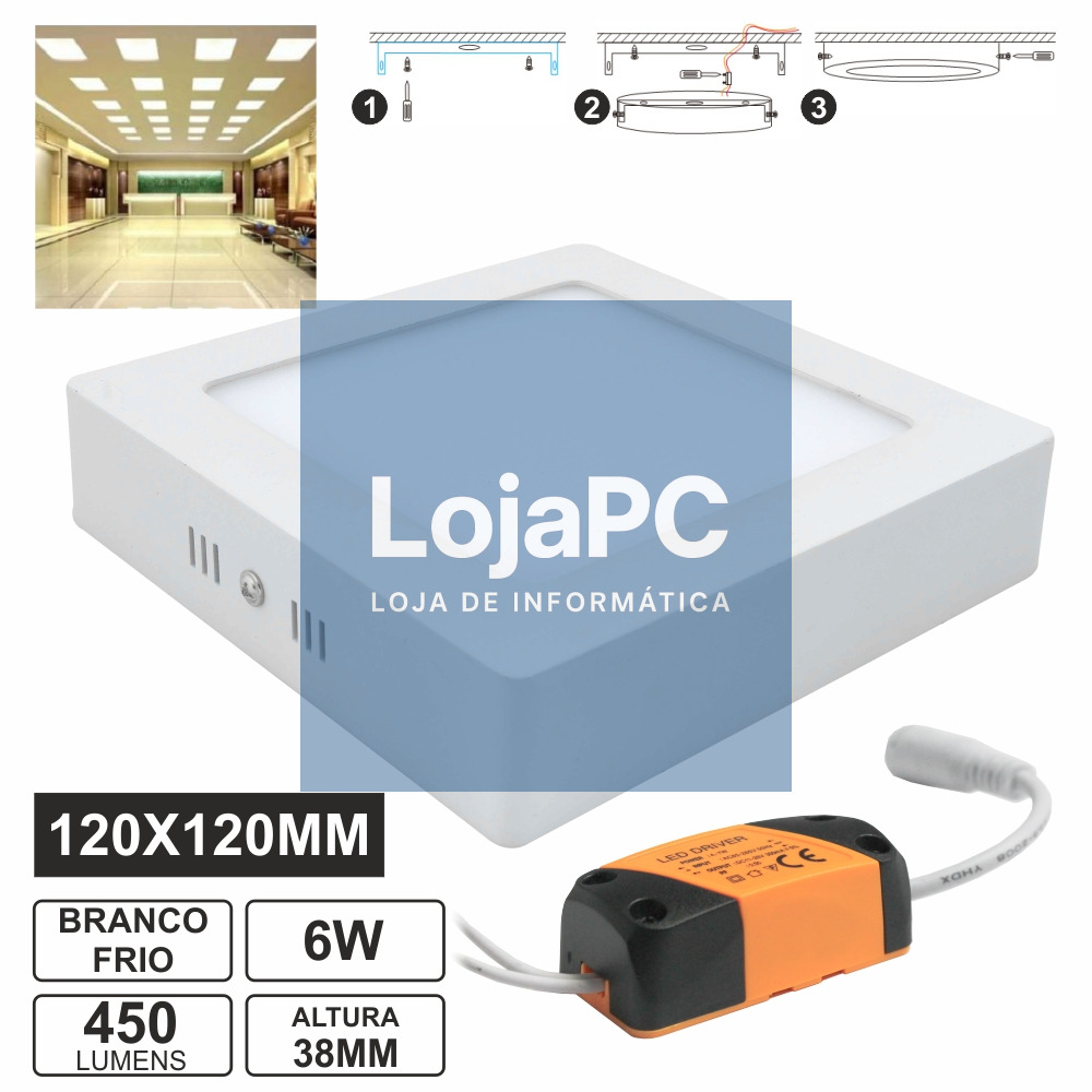 PAINEL LEDS QUADRADO SUPERFICIE 6W 120MM BRANCO FRIO 450LM