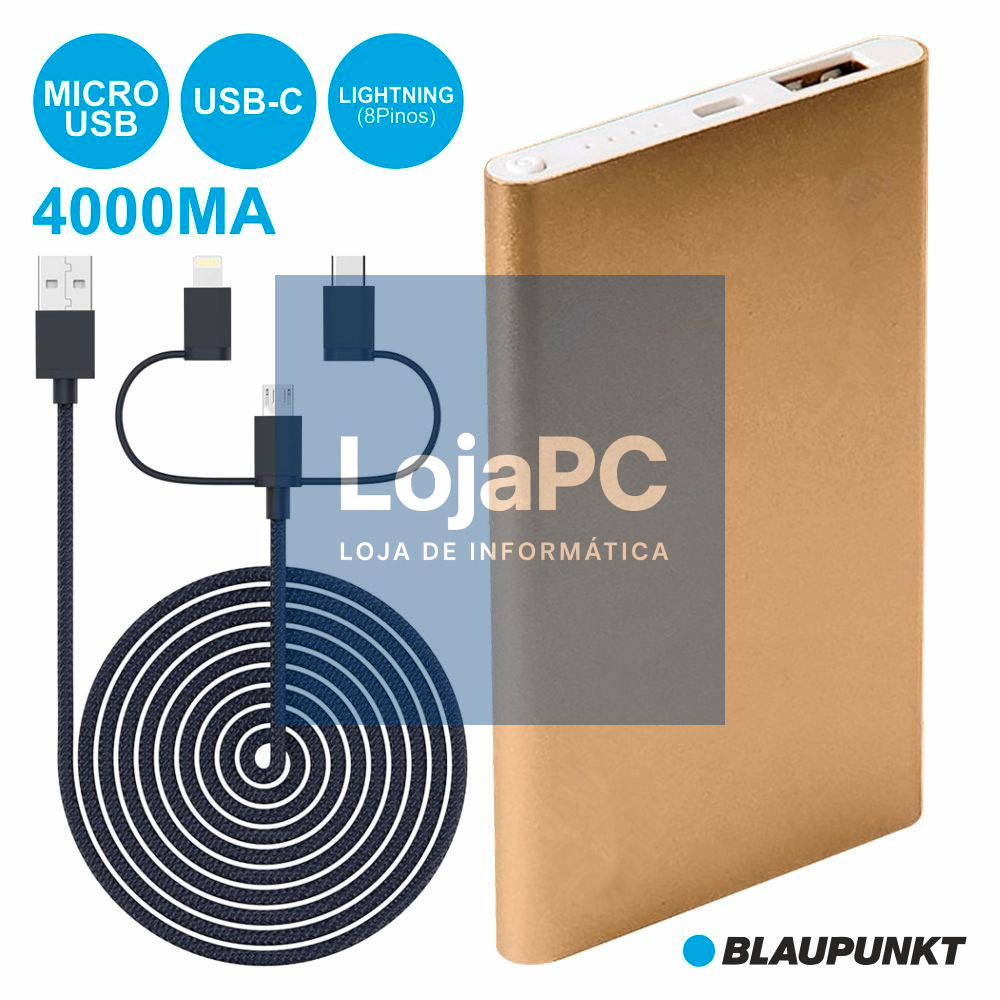 POWERBANK 4000MA C/ 3 FICHAS E CABO DOURADO BLAUPUNKT