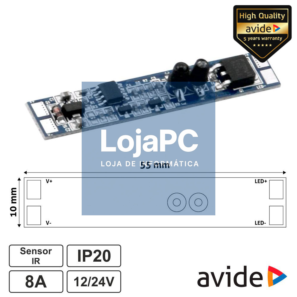 Controlador Mini c/ Sensor IR p/ Fita LEDS 12/24V 8A AVIDE