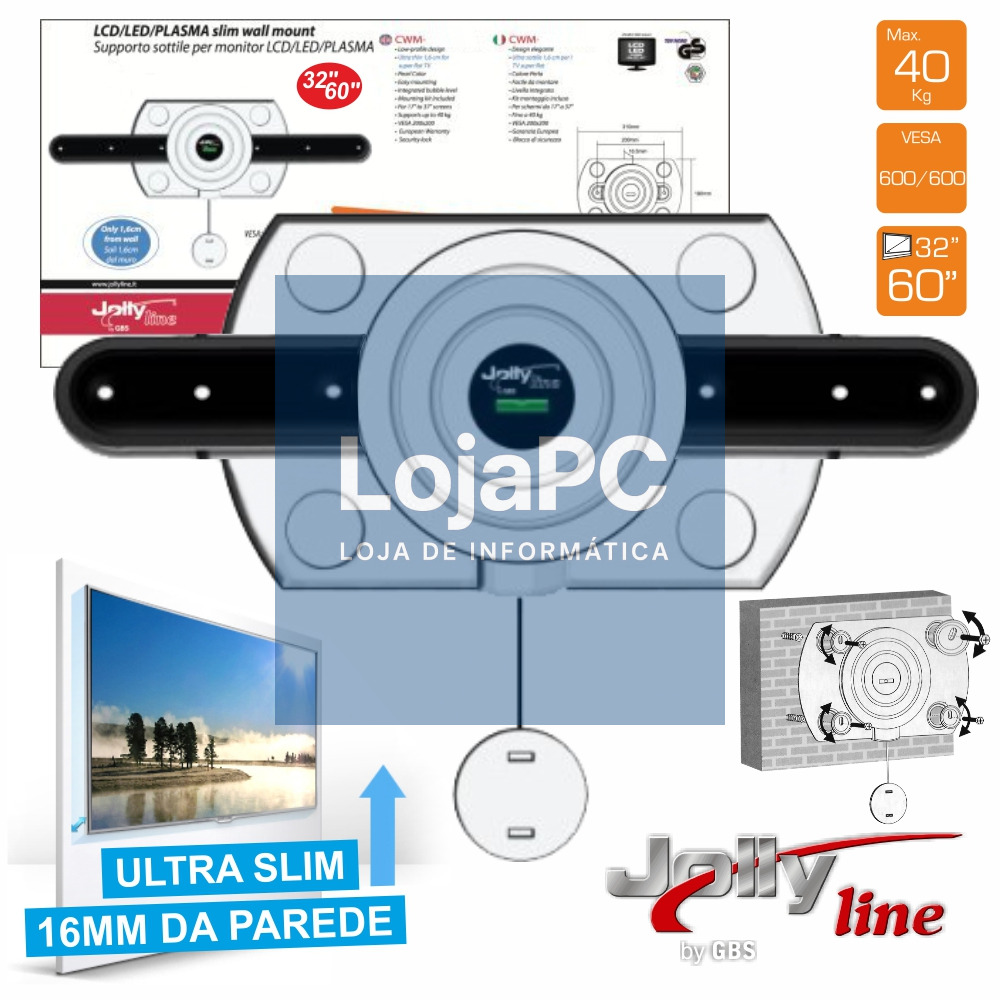 SUPORTE LCD/PLASMA 32"/60" ULTRA-SLIM 600X600 40KG JOLLY
