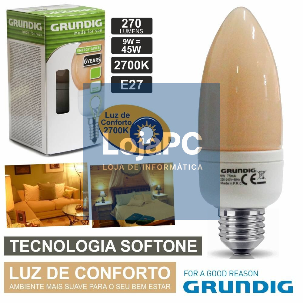 LÂMPADA E27 9W=45W 230V ECO TEC. SOFTONE 270LM GRUNDIG