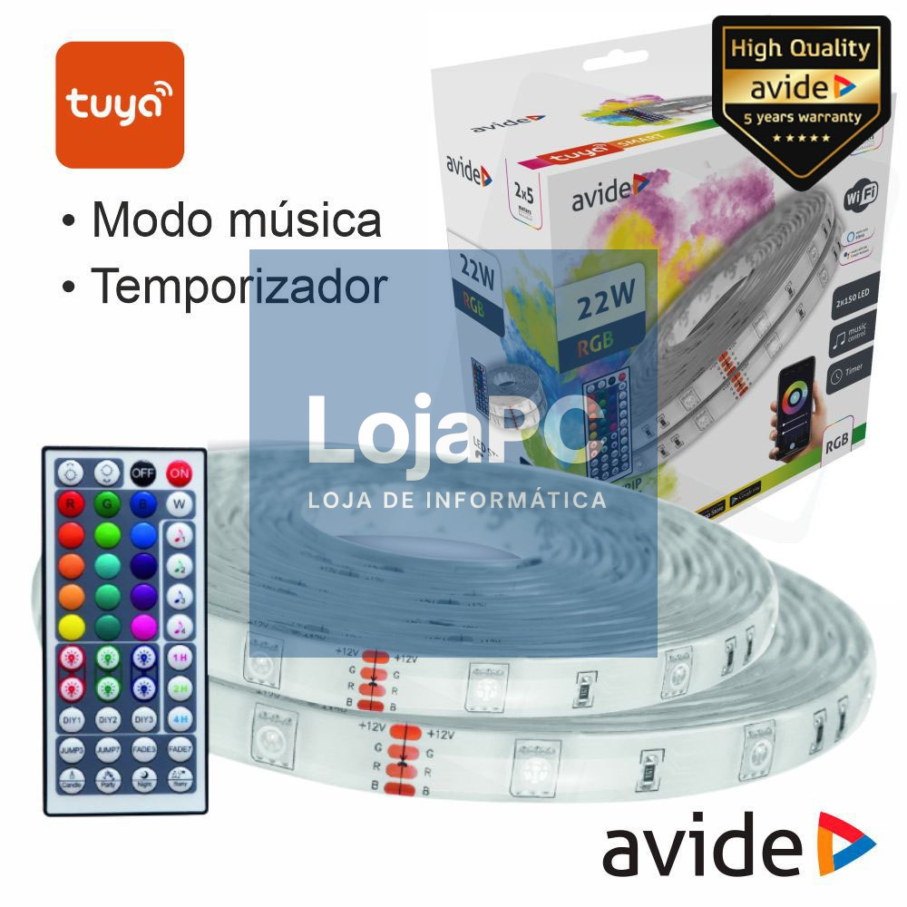 Kit 2 Fitas LED RGB 12V 2x5m IP65 WIFI+IR TUYA AVIDE