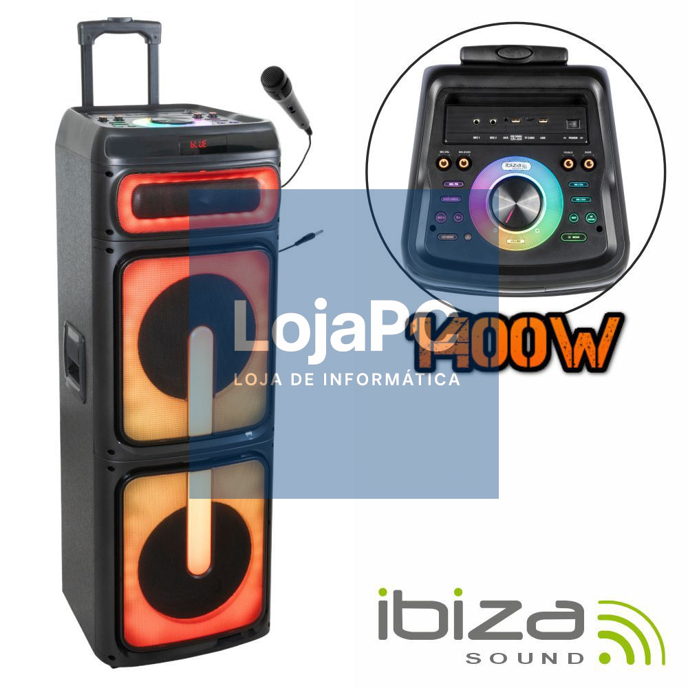 Coluna Amplificada 2x10" 1400W USB/MICRO/AUX LED TWS IBIZA
