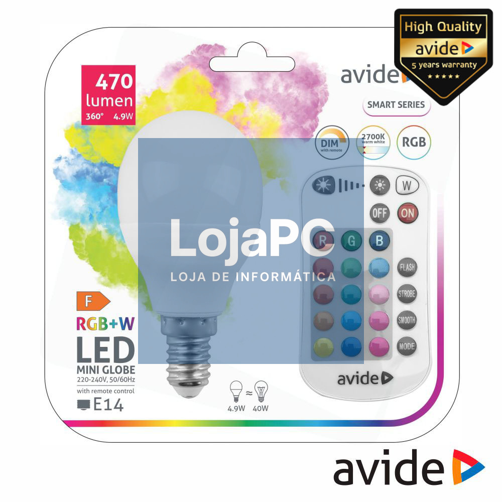 Lâmpada E14 Dimável 4.9W LED MiniGlobo RGBW IR 470lm AVIDE
