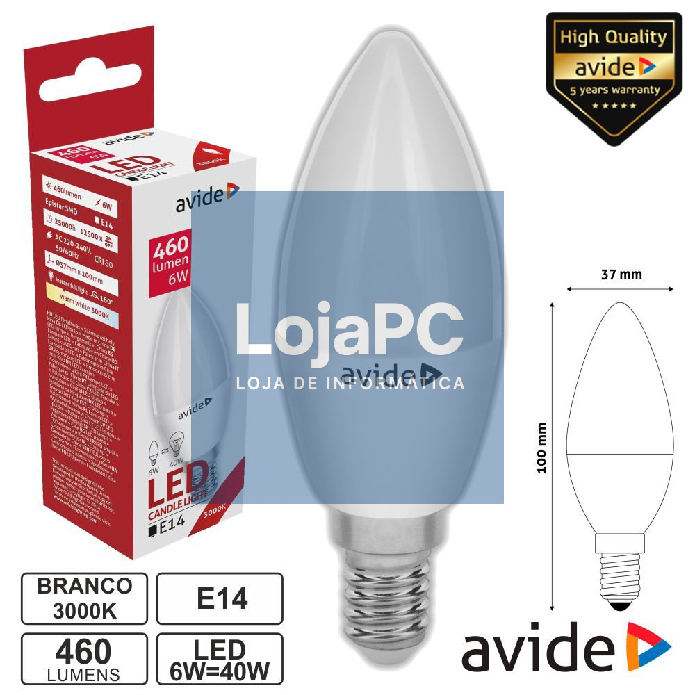 LÂMPADA LED E14 VELA 6W 230V 3000K 460LM AVIDE