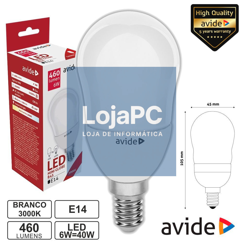 LÂMPADA LED E14 GLOBO B45 6W 230V 3000K 460LM AVIDE