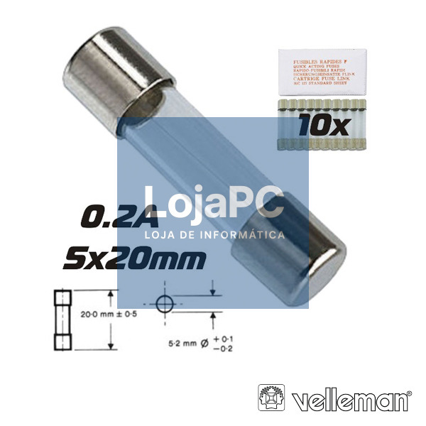 FUSÍVEL 5X20 FUSÃO RÁPIDA 0.2A (10X) VELLEMAN