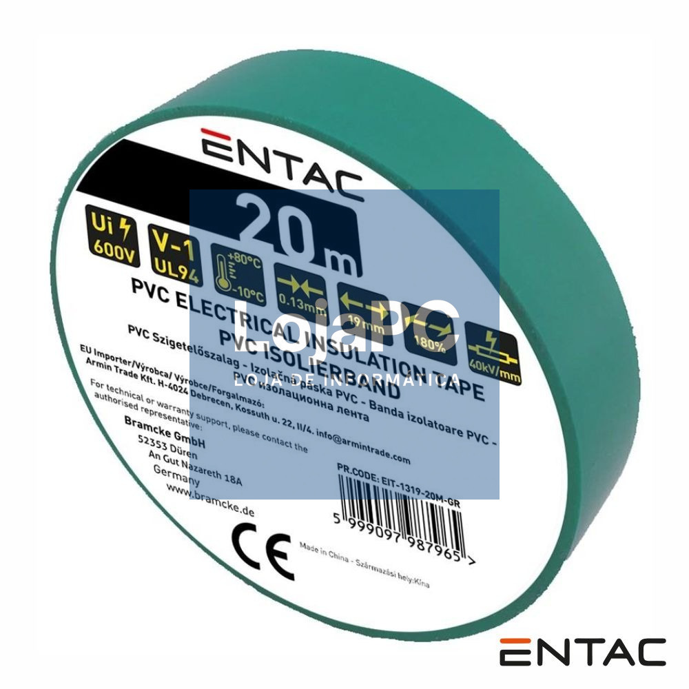 Fita Isoladora PVC 19mm 20m 0.18mm Verde ENTAC