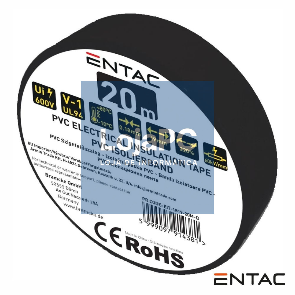 Fita Isoladora PVC 19mm 20m 0.18mm Preta ENTAC