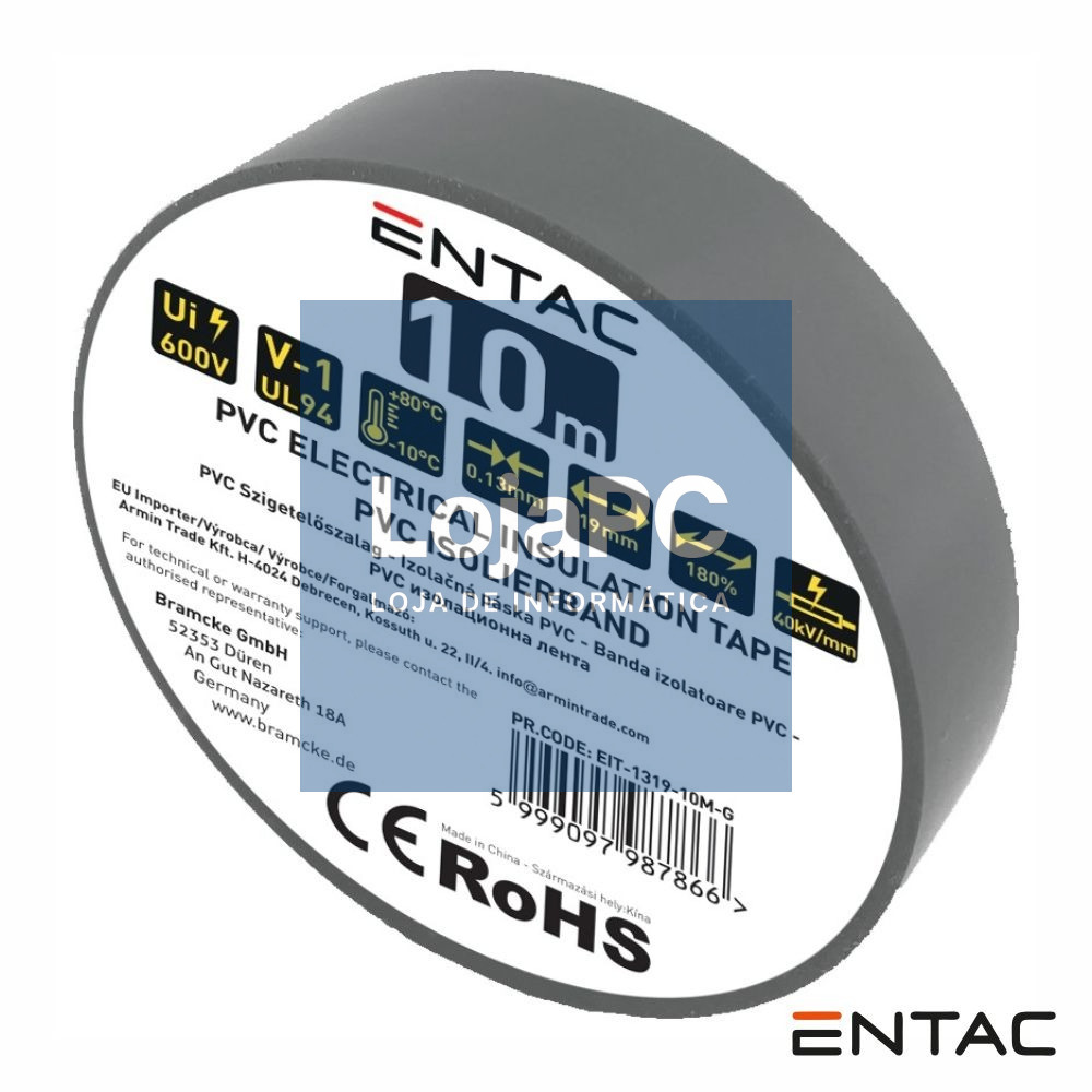 Fita Isoladora PVC 19mm x 10m Cinzento ENTAC