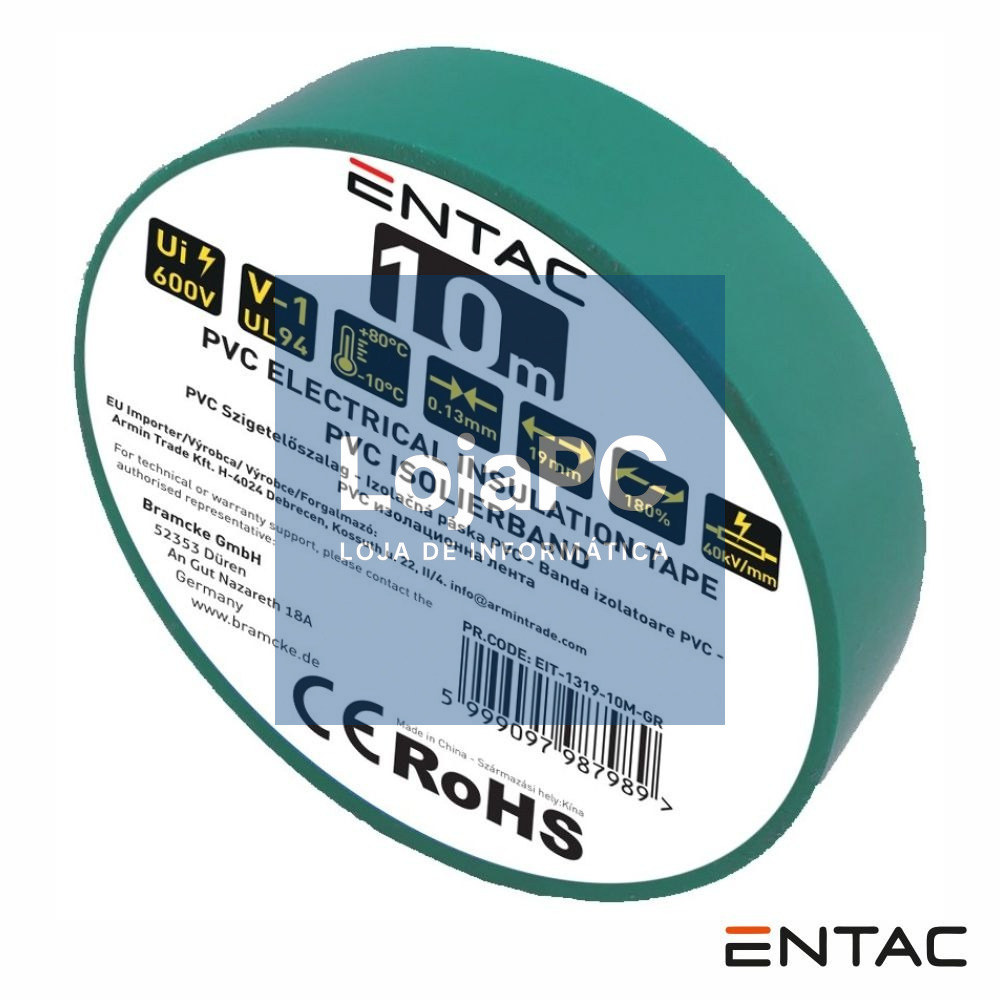 Fita Isoladora PVC 19mm 10m Verde ENTAC