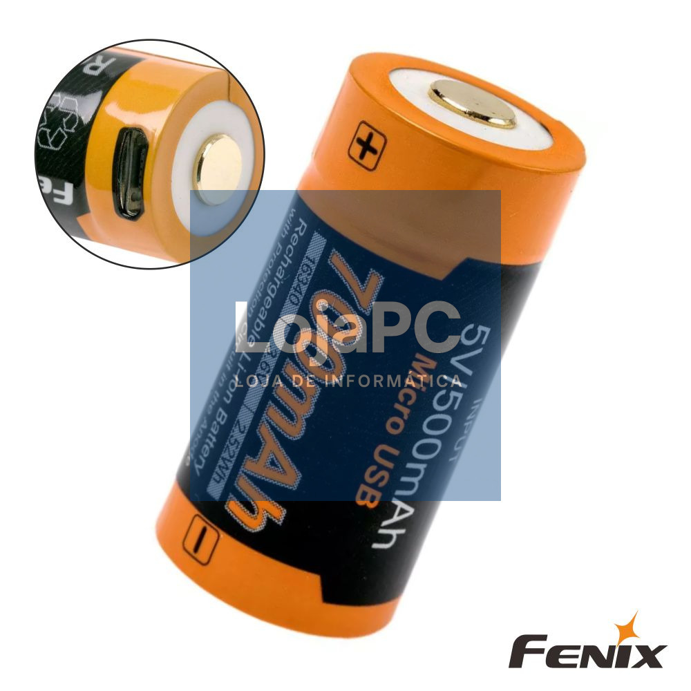 Pilha Lítio 16340 3.6V 700mA Recarregável MicroUSB FENIX