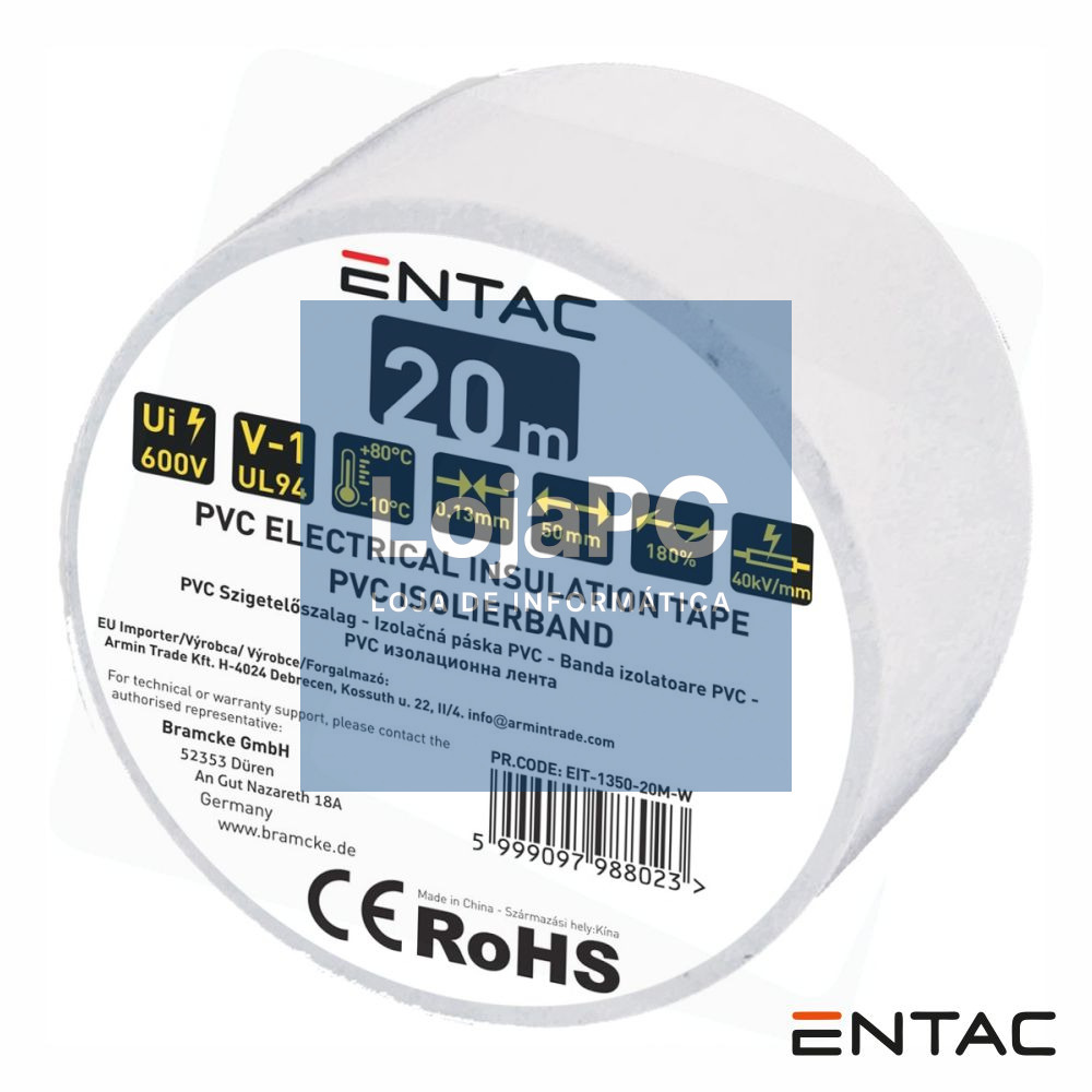 Fita Isoladora Branco 20M 0.13x50mm ENTAC