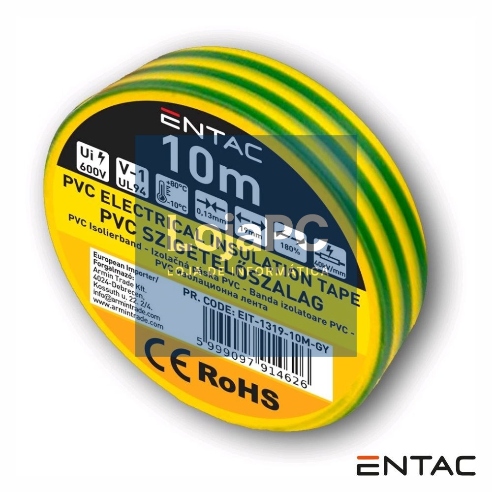 Fita Isoladora PVC 19mm 10m Verde/Amarelo ENTAC