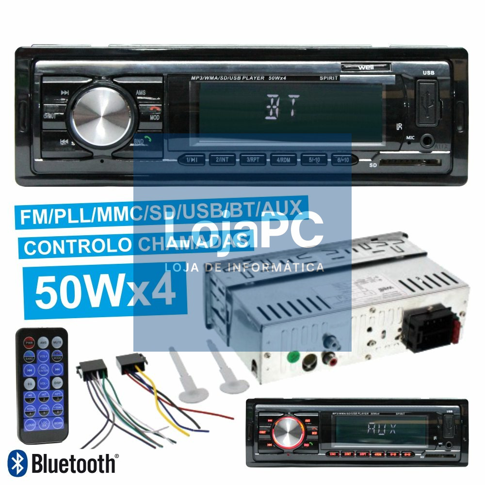 AUTO-RÁDIO MP3 WMA 50Wx4 C/ FM/PLL/MMC/SD/USB BLUETOOTH