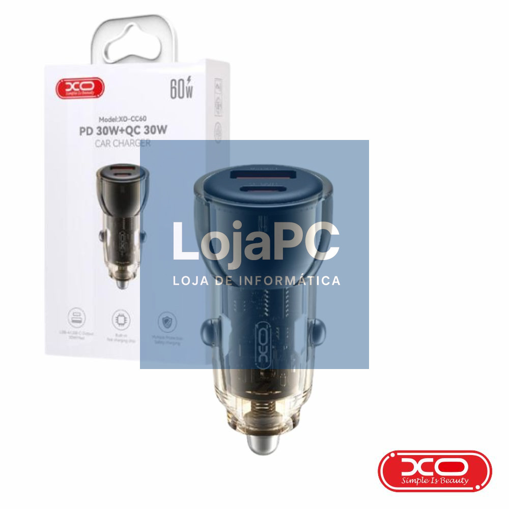 Adaptador Isqueiro 1x USB-A 1x USB-C PD/QC 60W Preto XO