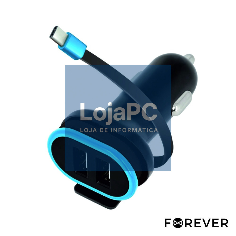 ADAPTADOR FICHA ISQUEIRO 2XUSB E 1 CABO USB-C 3A FOREVER