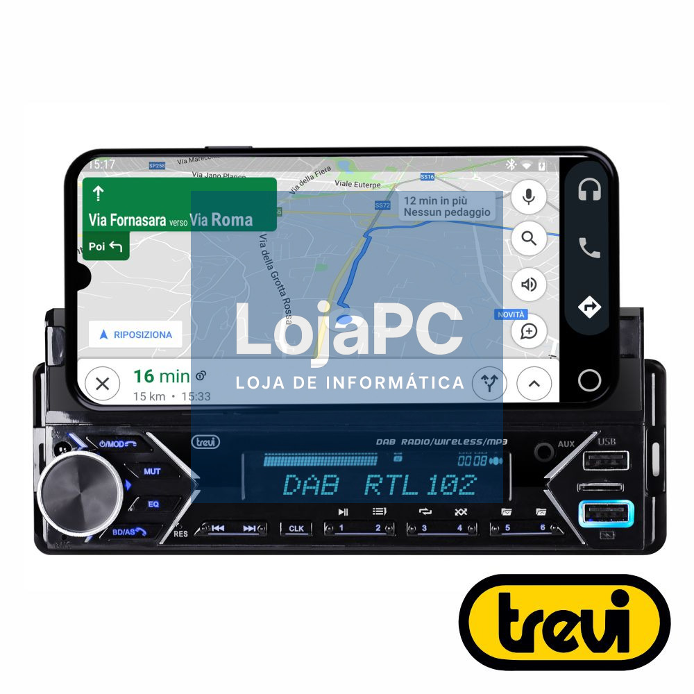 Auto-Rádio FM Mp3 4x40W C/ BT/AUX/USB/DAB C/ Suporte TREVI
