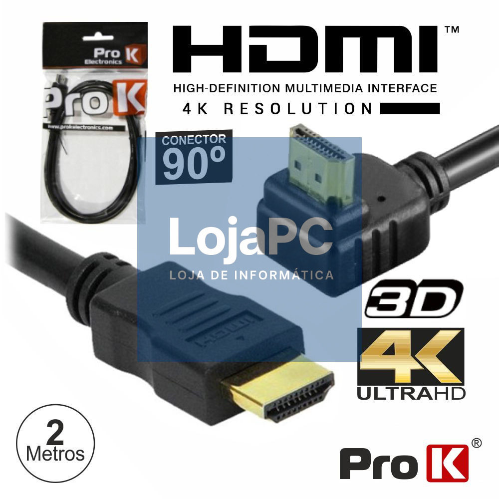Cabo HDMI Dourado Macho / Macho 2.0 4k Preto 2m 90º PROK