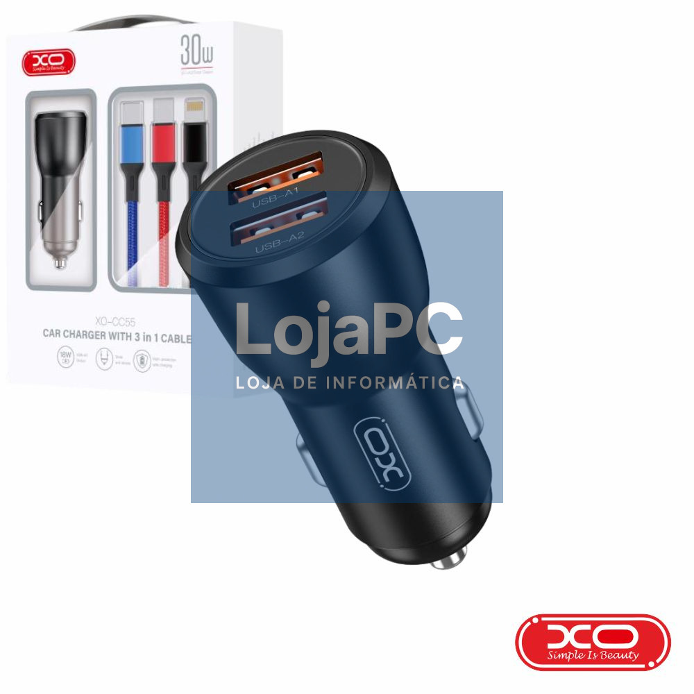 Adaptador Isqueiro 2 USB-A 5V 18W QC-30W XO