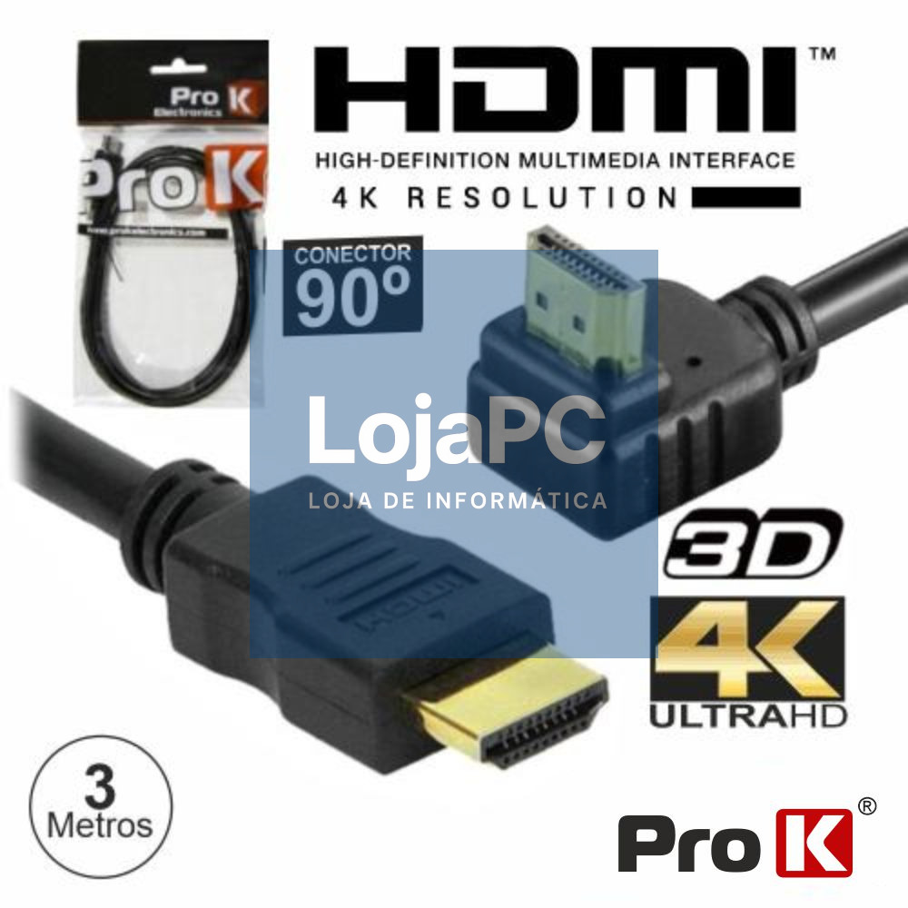 CABO HDMI DOURADO MACHO / MACHO 2.0 4K PRETO 3M 90º PROK