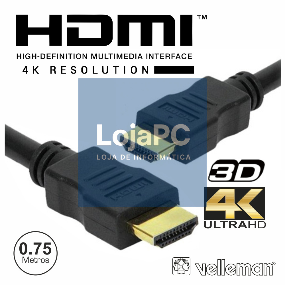 CABO HDMI DOURADO MACHO / MACHO 2.0 4K PRETO 0.75M VELLEMAN