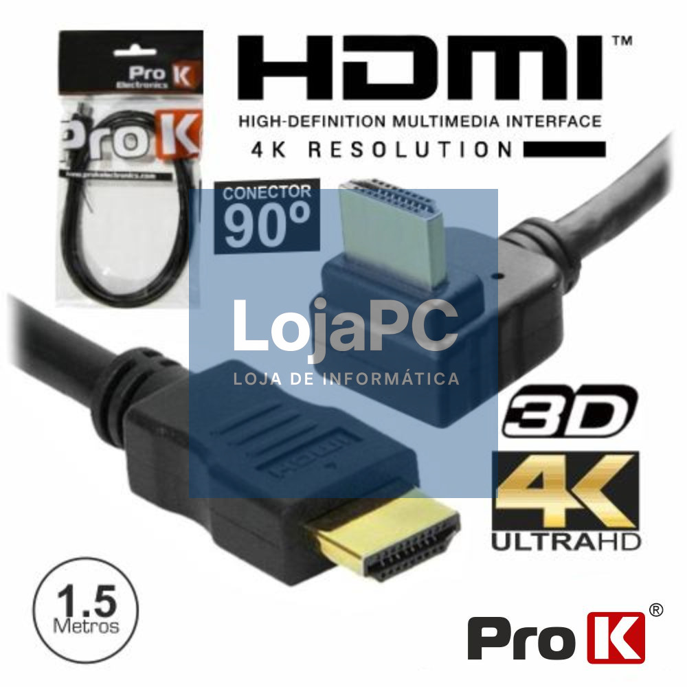 CABO HDMI DOURADO MACHO / MACHO 2.0 4K PRETO 1.5M 90º PROK