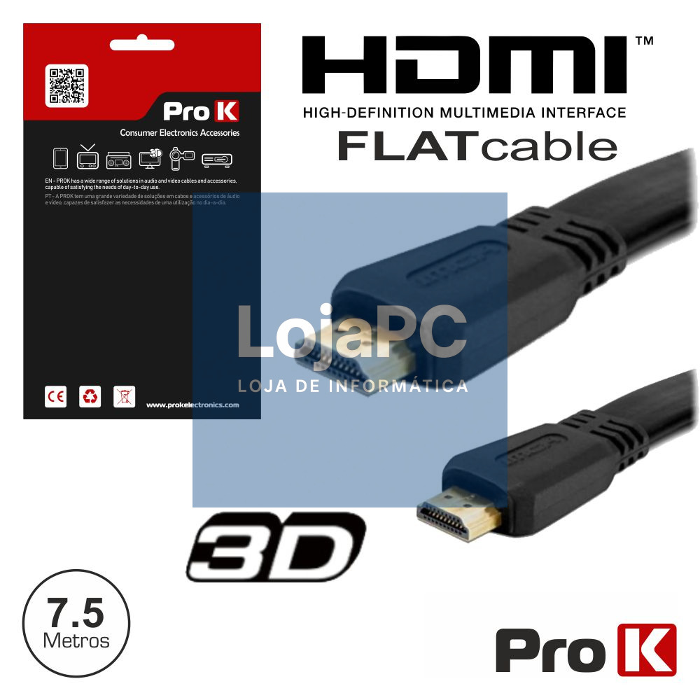 CABO HDMI DOURADO MACHO / MACHO 1.4 PRETO 7.5M FLAT PROK