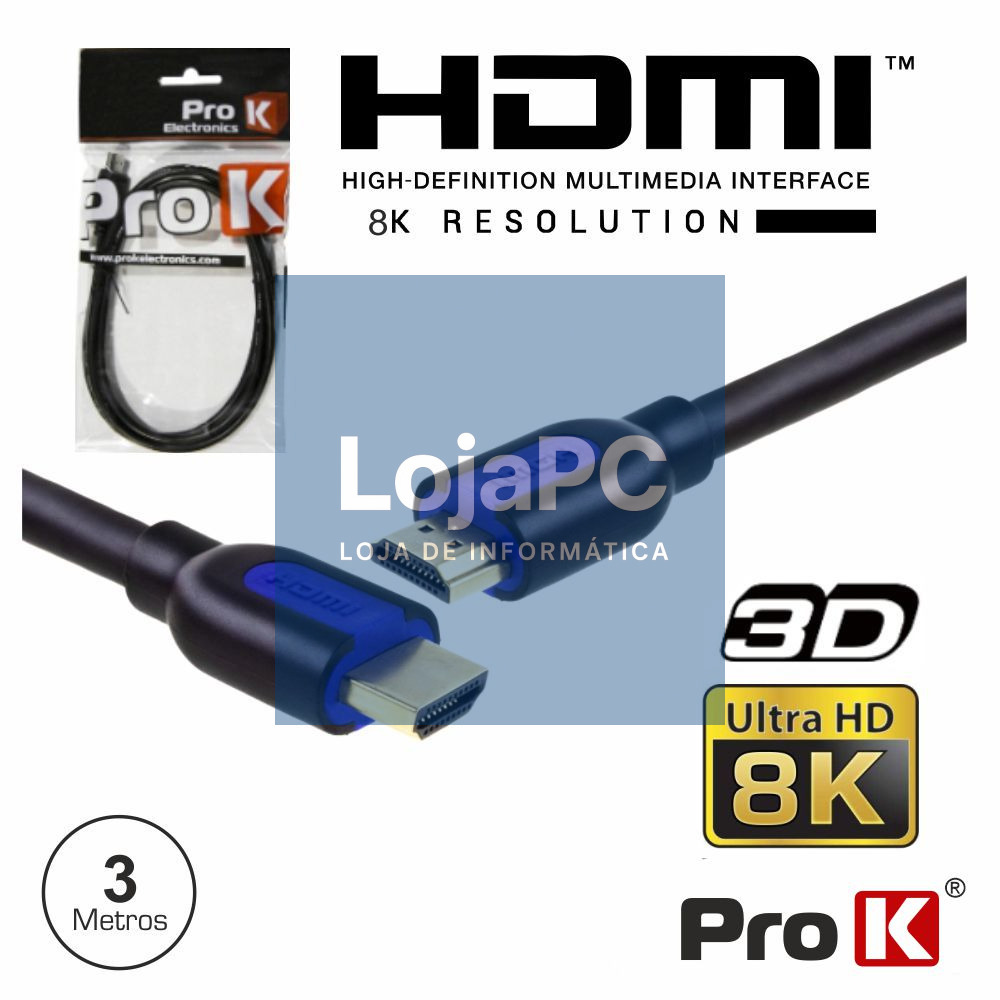 CABO HDMI DOURADO MACHO / MACHO 2.1 8K PRETO 3M PROK