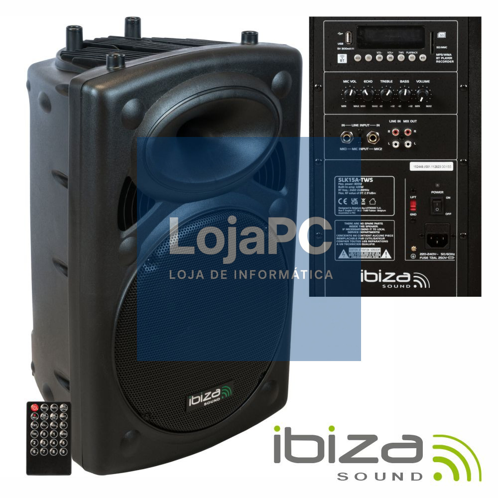 Coluna Amplificada 15" 800Wmáx USB/BT/TWS IBIZA