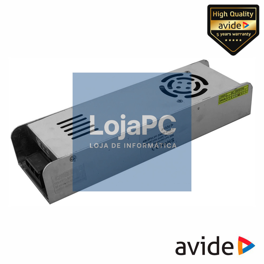 Fonte de Alimentação Industrial Slim 12V 360W 30A IP20 AVIDE