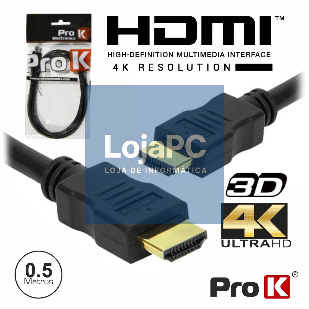 Cabo HDMI Dourado Macho / Macho 2.0 4K Preto 0.5m PROK