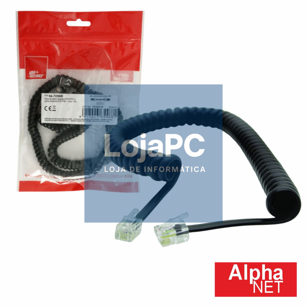 Cabo Telefone 4P4C Espiral Preto 5m ALPHA