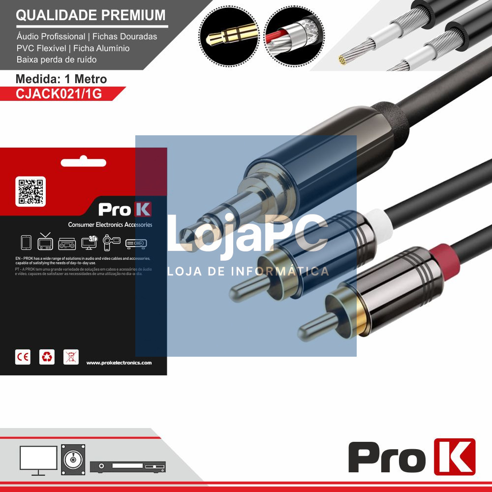 CABO JACK 3.5MM MACHO ST / 2-RCA MACHO 1M PROK