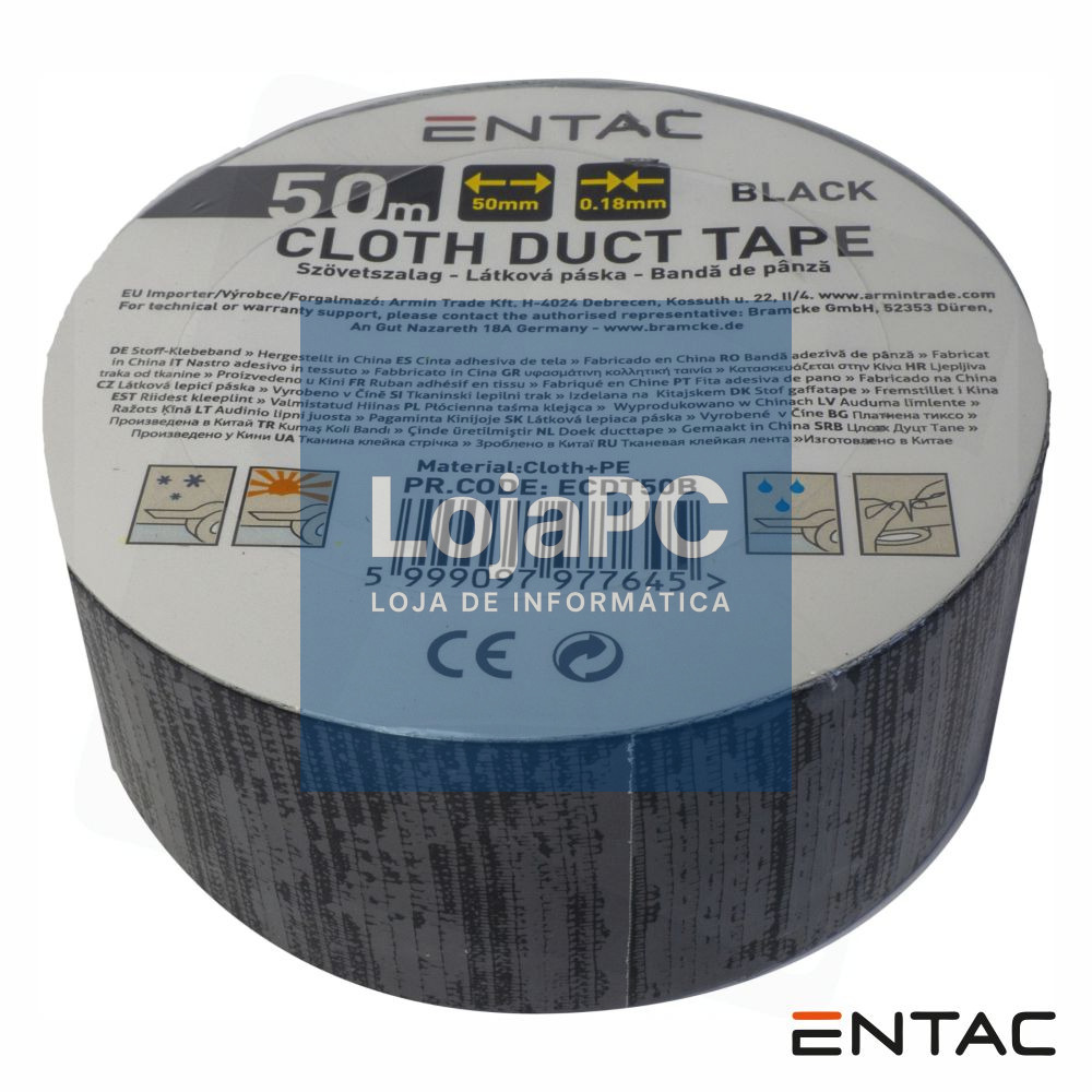 Fita Adesiva de Tela Profissional 50mm x 50m Preta ENTAC